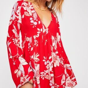 Free People Bella Print Tunic Blouse Flare Sleeve Red Floral Women's XS